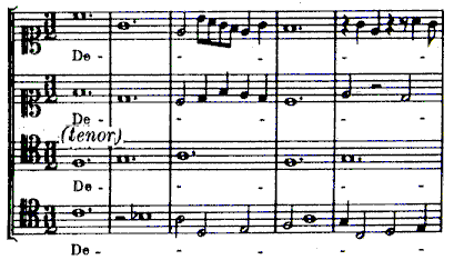 Esempio di cantus firmus: il cantus firmus gregoriano � affidato al tenor(G. de Machaull "Deo Gracias" dalla "Messe de Notre-Dame")